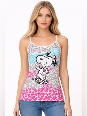Peanuts Dancing Snoopy Tank Top w/ Blue & Pink Animal Print Graphics Size Jr XL